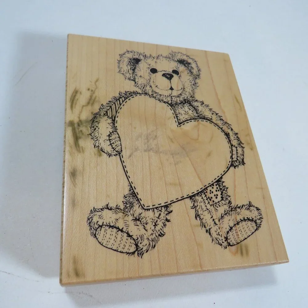 Teddy Bear with stitched Heart Wooden Rubber Stamp NEW